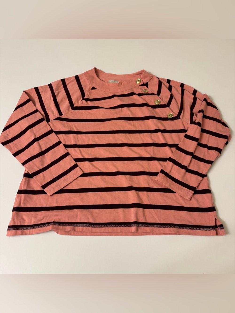 Talbots Pink and Black Striped Button-Shoulder Long Sleeve Top